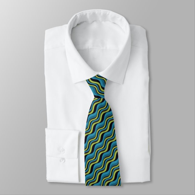 Retro Blue Green Grey Sea Waves Pattern Tie (Tied)