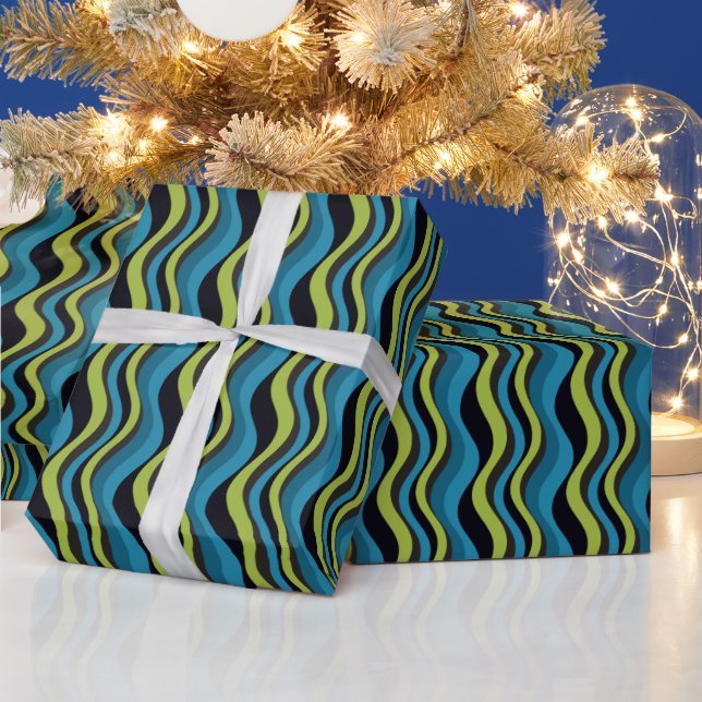Retro Blue Green Grey Sea Waves Pattern Wrapping Paper (Holidays)