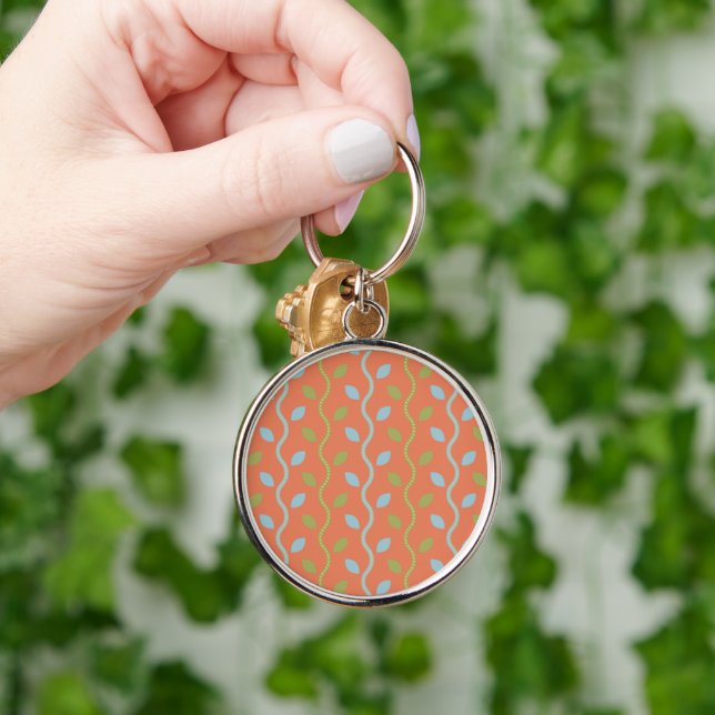 Retro Blue & Green Vines on Orange Floral Pattern Key Ring (Hand)