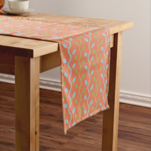 Retro Blue & Green Vines on Orange Floral Pattern Long Table Runner