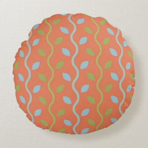 Retro Blue & Green Vines on Orange Floral Pattern Round Cushion