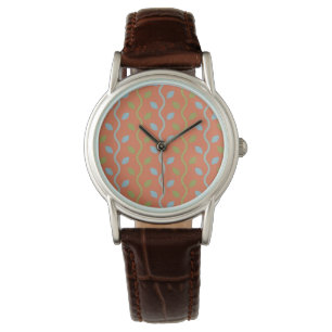 Retro Blue & Green Vines on Orange Floral Pattern Watch