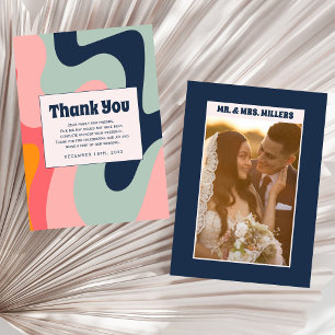 Retro Blue Groovy 70s Photo Thank You Card