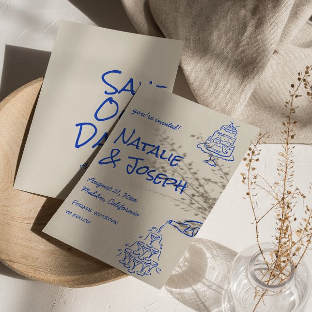 Retro Blue Hand Drawn Champagne Tower Cake Wedding Save The Date (Creator Uploaded)