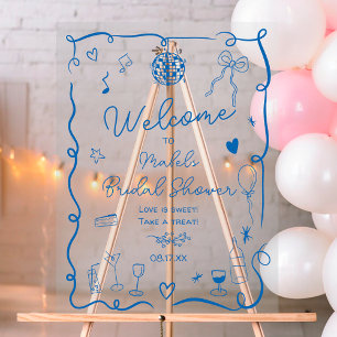 Retro blue hand drawn illustrated bridal shower acrylic sign