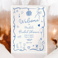 Retro blue hand drawn illustrated bridal shower