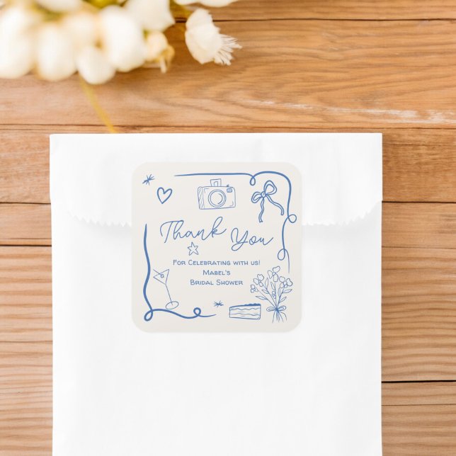 Retro blue hand drawn illustrated bridal shower square sticker (Retro blue hand drawn illustrated bridal shower square sticker)