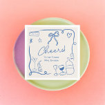 Retro blue handdrawn illustrated bridal shower napkin<br><div class="desc">Add a touch of vintage charm to your bridal shower table setting with our Retro french blue Napkins! These delightful napkins feature a whimsical design inspired by retro elements such as cake, wine, glasses, hearts and pretty ribbon bow. With a playful squiggly wavy ribbon framing the design, these napkins are...</div>