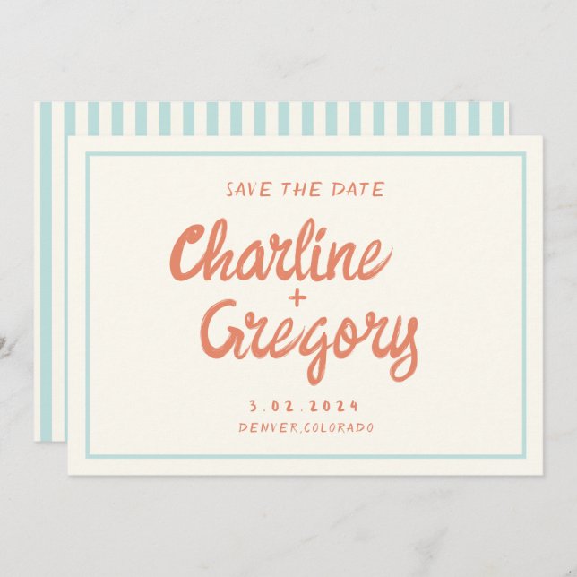 Retro Blue Handwriting Wedding Save the Date Invitation (Front/Back)