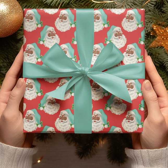 Retro Blue Hat Black Santa Red Xmas Wrapping Paper (Creator Uploaded)