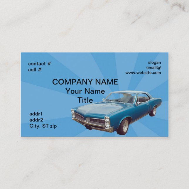 Retro blue hotrod business card (Front)