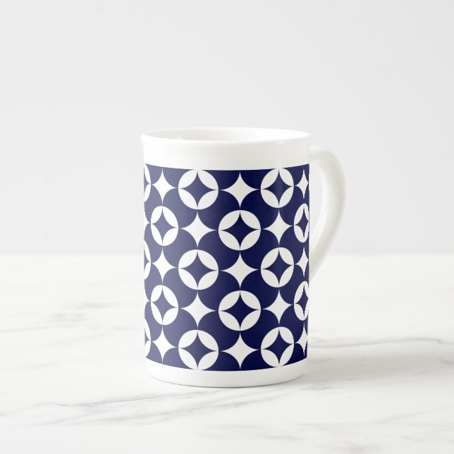 Retro Blue Interlocking Circles Shippo Geometric Bone China Mug (Front Right)