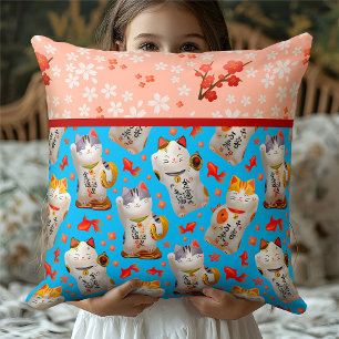 Retro Blue Kimono inspired Japanese Lucky Cat Cushion