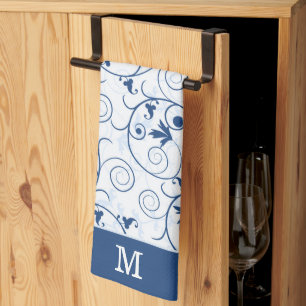 Retro Blue Leaf Swirl Pattern Monogram Tea Towel
