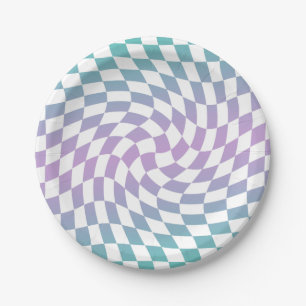 Retro Blue Lilac Checks Warped Chequerboard Paper Plate