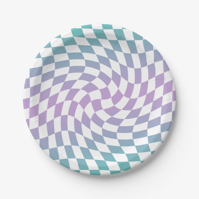Retro Blue Lilac Checks Warped Chequerboard   Paper Plate (Front)