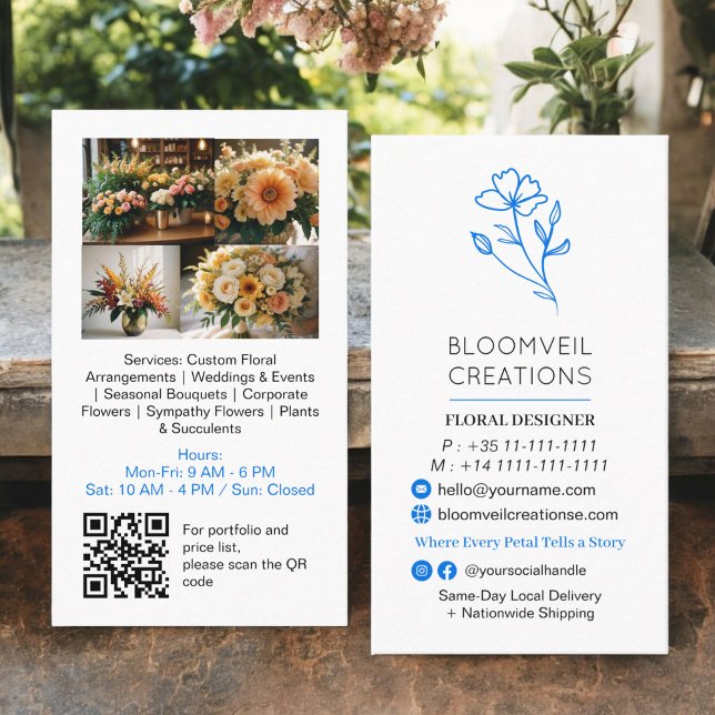 Retro blue minimalist florist photos qr code business card (Retro blue minimalist florist photos qr code business card)