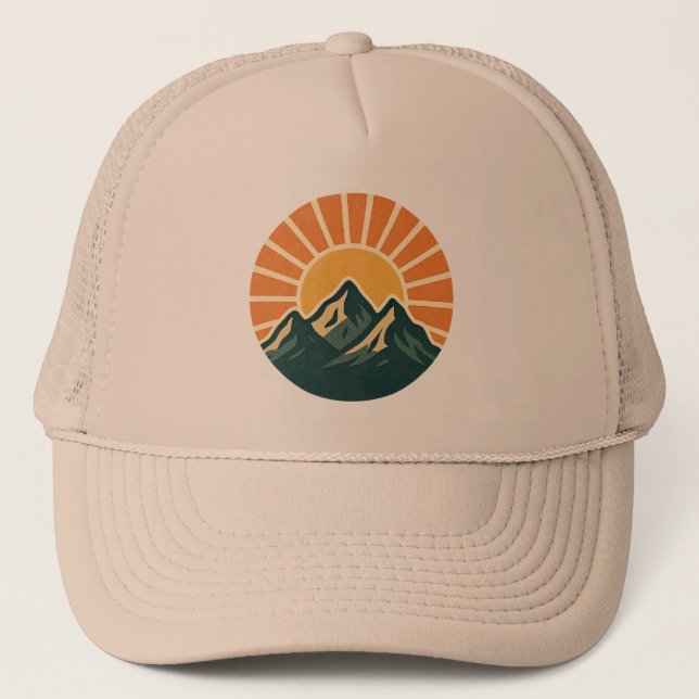 Retro Blue Mountain Sunrise Outdoor Nature Sun Art Trucker Hat (Front)
