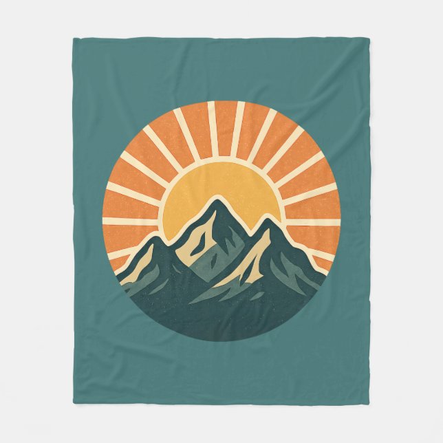 Retro Blue Mountain Sunrise | Outdoor Nature Teal Fleece Blanket (Front)