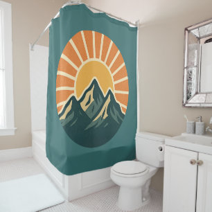 Retro Blue Mountain Sunrise   Outdoor Nature Teal Shower Curtain