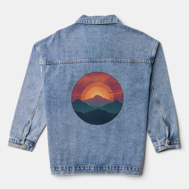 Retro Blue Mountain Sunset | Nature Watercolor Art Denim Jacket (Back)