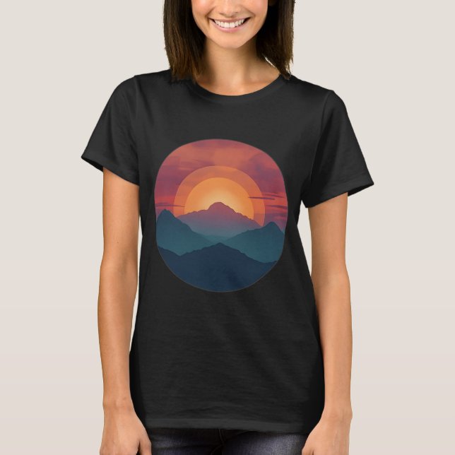 Retro Blue Mountain Sunset | Nature Watercolor Art T-Shirt (Front)