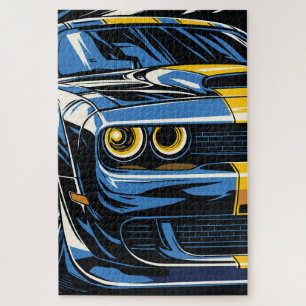 Retro Blue Muscle Car Front Pop Art Illustration Jigsaw Puzzle