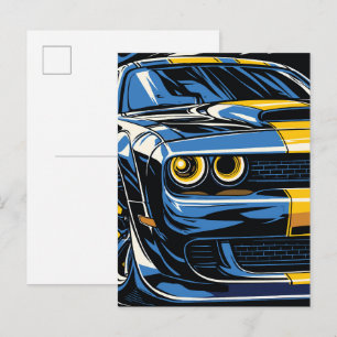 Retro Blue Muscle Car Front Pop Art Illustration Postcard