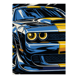 Retro Blue Muscle Car Front Pop Art Illustration Poster