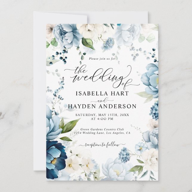 Retro Blue Navy Cream All In 1 QR Code Wedding Invitation (Front)