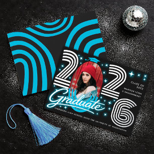 Retro Blue Neon Photo Graduate Foil Announcement