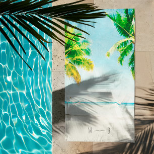 Retro Blue Ocean Beach Palm Trees Tropical Wedding Towel