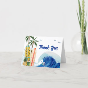 Retro Blue Ocean Wave Surfboard Baby Shower  Thank You Card