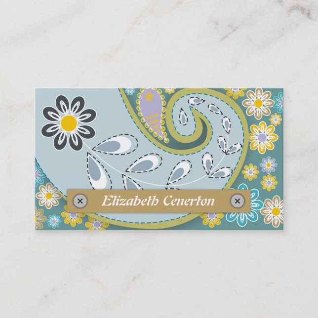 Retro blue, olive green paisley motif floral business card (Front)