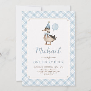 Retro Blue One Lucky Duck Balloon 1st Birthday Invitation