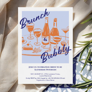 Retro blue orange “Brunch & Bubbly” Bridal Shower Invitation