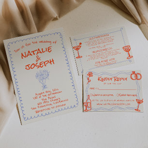 Retro blue Orange Hand Drawn Written Funky Wedding Invitation