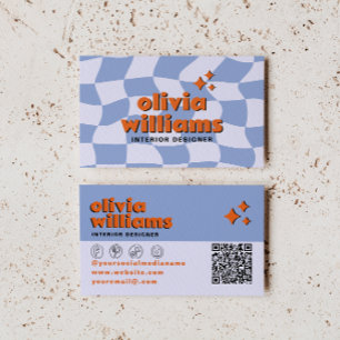 Retro Blue Orange QR Code Groovy Checkered Unique Business Card