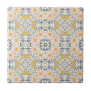 Retro Blue Orange Yellow Daisy Graphic Pattern Ceramic Tile