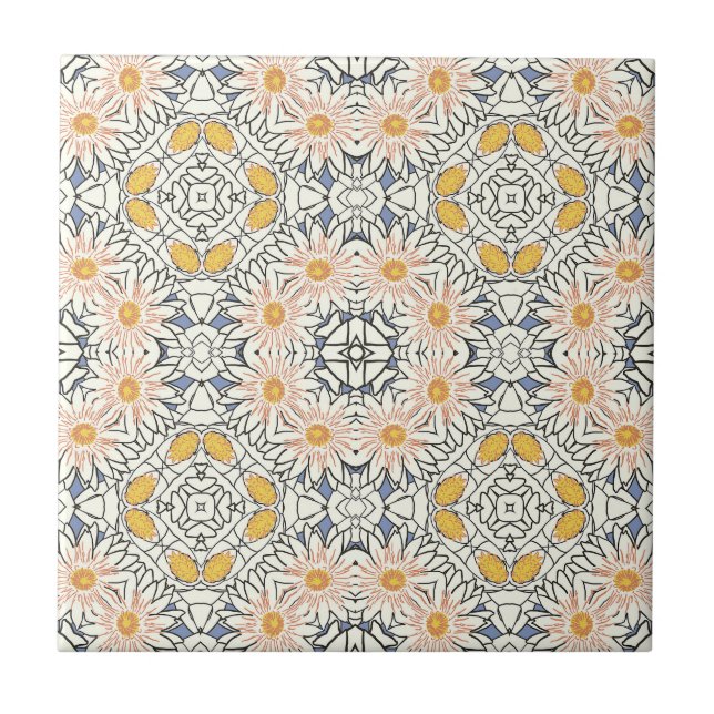Retro Blue Orange Yellow Daisy Graphic Pattern Ceramic Tile (Front)