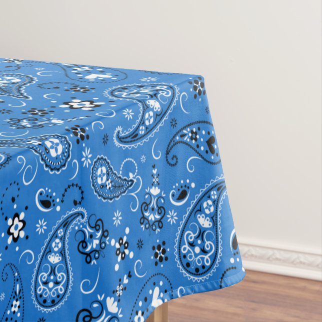 Retro Blue Paisley Bandanna Pattern Tablecloth (In Situ)