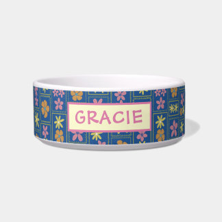 Retro Blue Patchwork Floral Custom Medium Dog Bowl