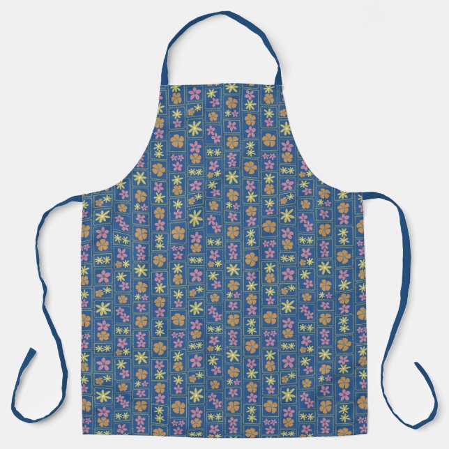 Retro Blue Patchwork Floral Large Apron (Front)