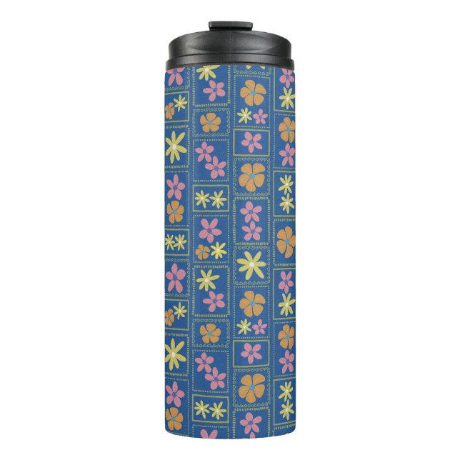 Retro Blue Patchwork Floral Thermal Tumbler (Front)