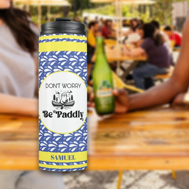 Retro Blue Pattern Stripes Canoe Otter Custom Name Thermal Tumbler (Creator Uploaded)