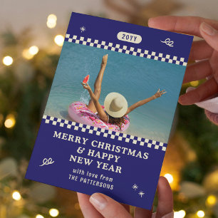 Retro Blue Personalised Christmas Photo Holiday Card