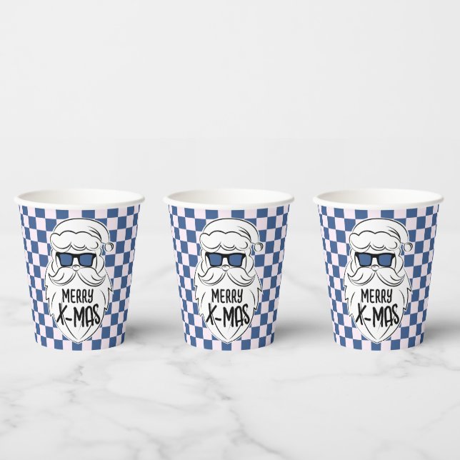 Retro Blue Pink Checkered Santa Claus Christmas  Paper Cups (Multi)