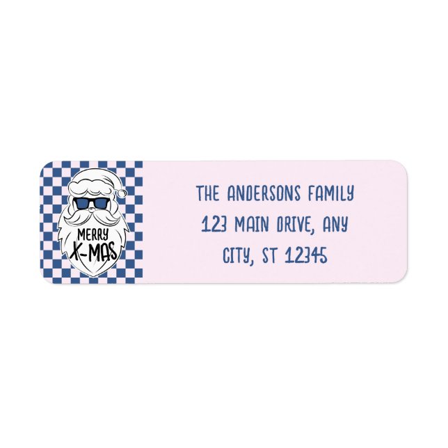 Retro Blue Pink Checkered Santa Claus Christmas Return Address Label (Front)