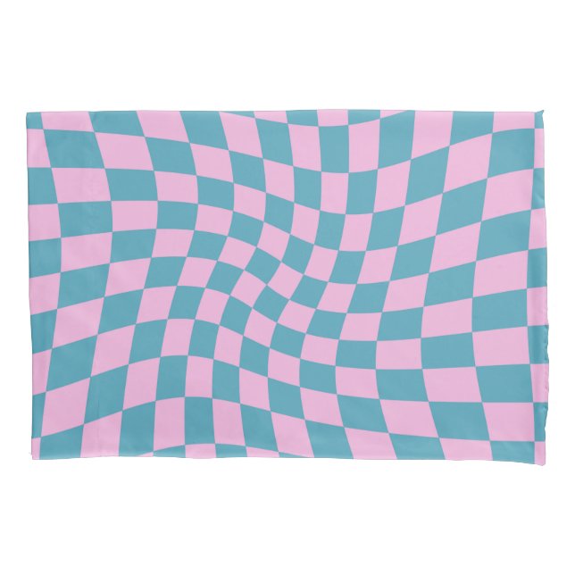 Retro Blue Pink Checks Warped Chequered Dorm Room  Pillowcase (Front)