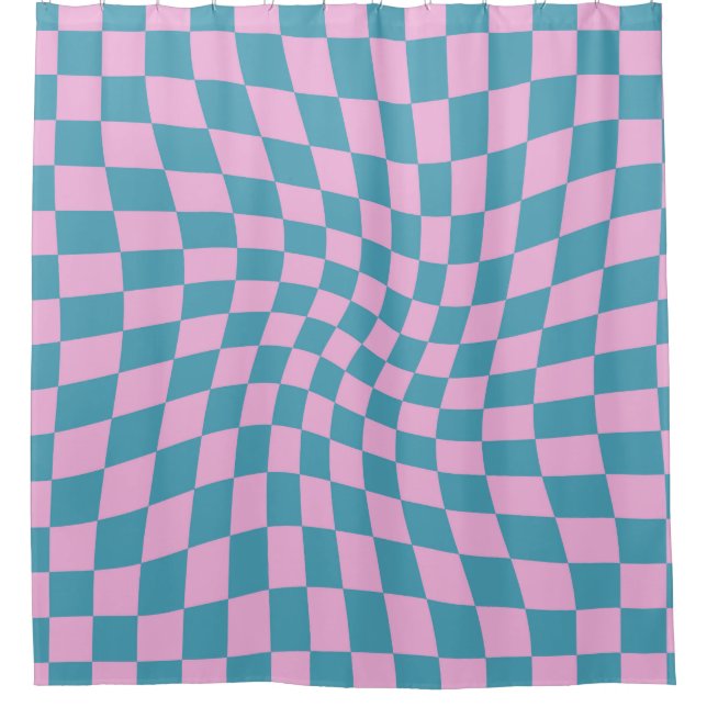 Retro Blue Pink Checks Warped Chequered Shower Curtain (Front)